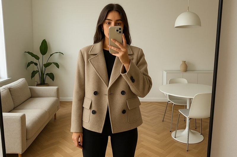 een foto van een vrouw die een spiegel foto maakt die een jas aan heeft van deze site