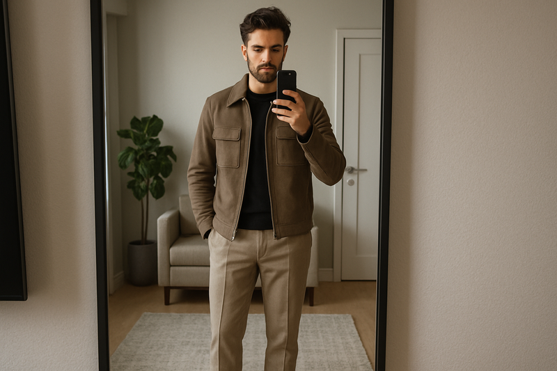 maak een foto van een man die een spiegel foto neemt van zijn outfit met een jas van de site