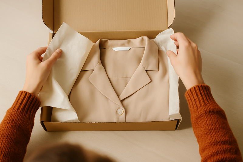maak een foto van iemand die zijn pakketje opend met een trui of blousje van dexe site